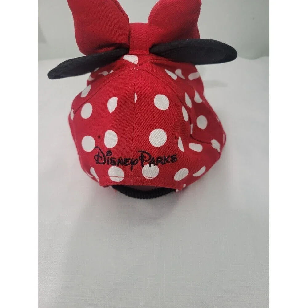 Disney Girls Hat Minnie Mouse  Ears Red Bow Embroidered Logo Black Polka Dots